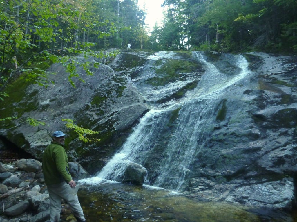 A hiker admires a beautiful waterfall in the White Mountains National Forest.
