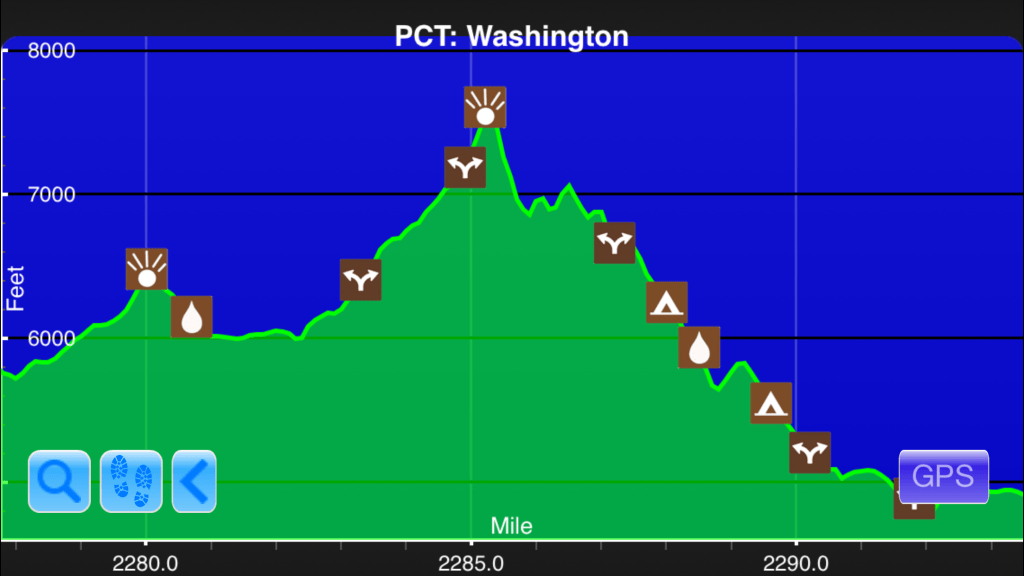 A graph from the Guthook Guides app showing the steepest climb on the Pacific Crest Trail.