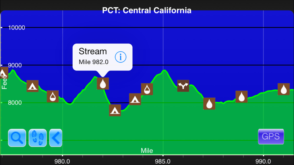 A graph from the Guthook Guides app showing the third steepest climb on the Pacific Crest Trail.