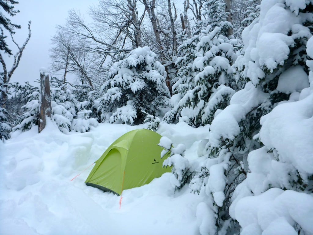 A green tent sits in the deep snow, surrounded by snowy trees.