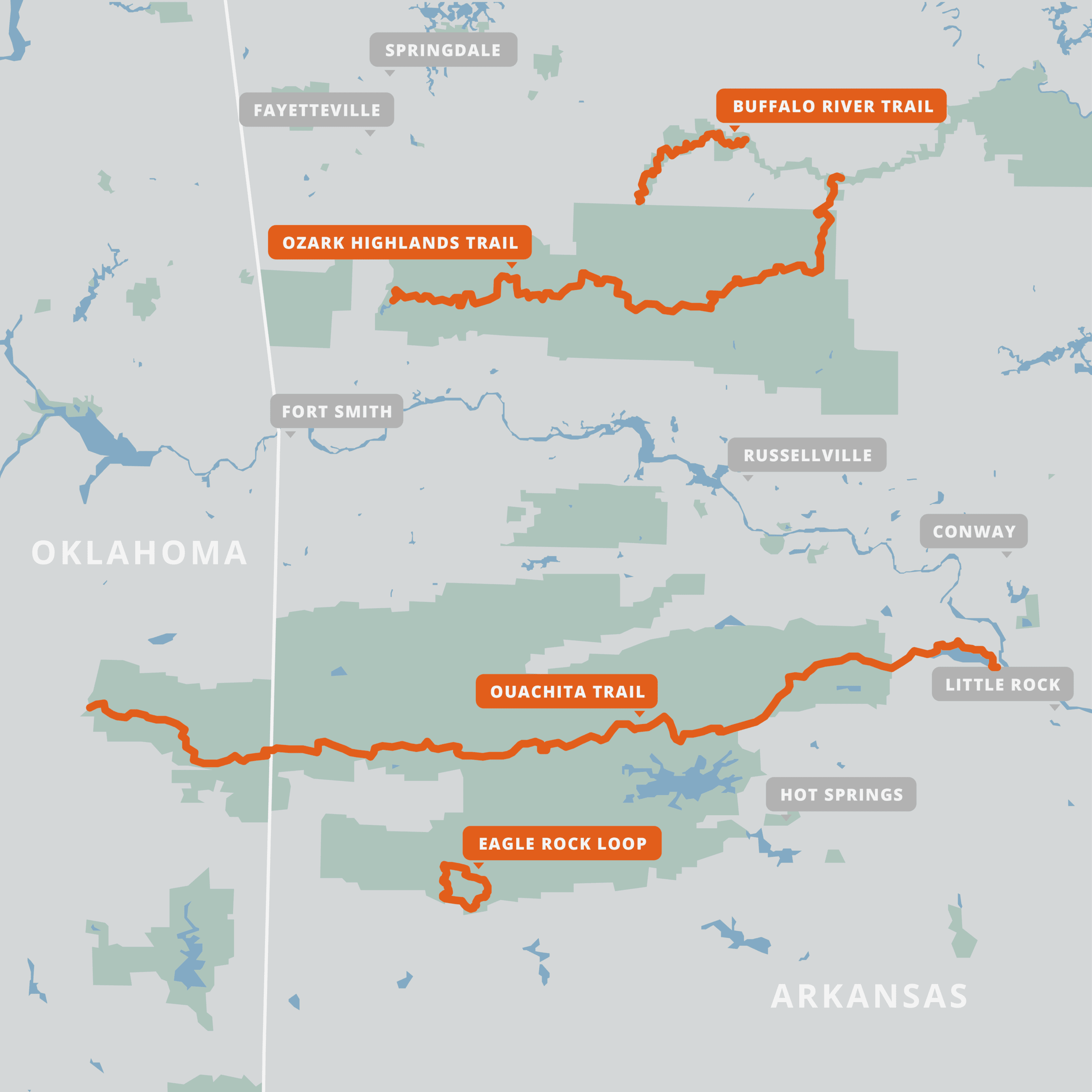 A map of all of the Arkansas Hiker Guides.