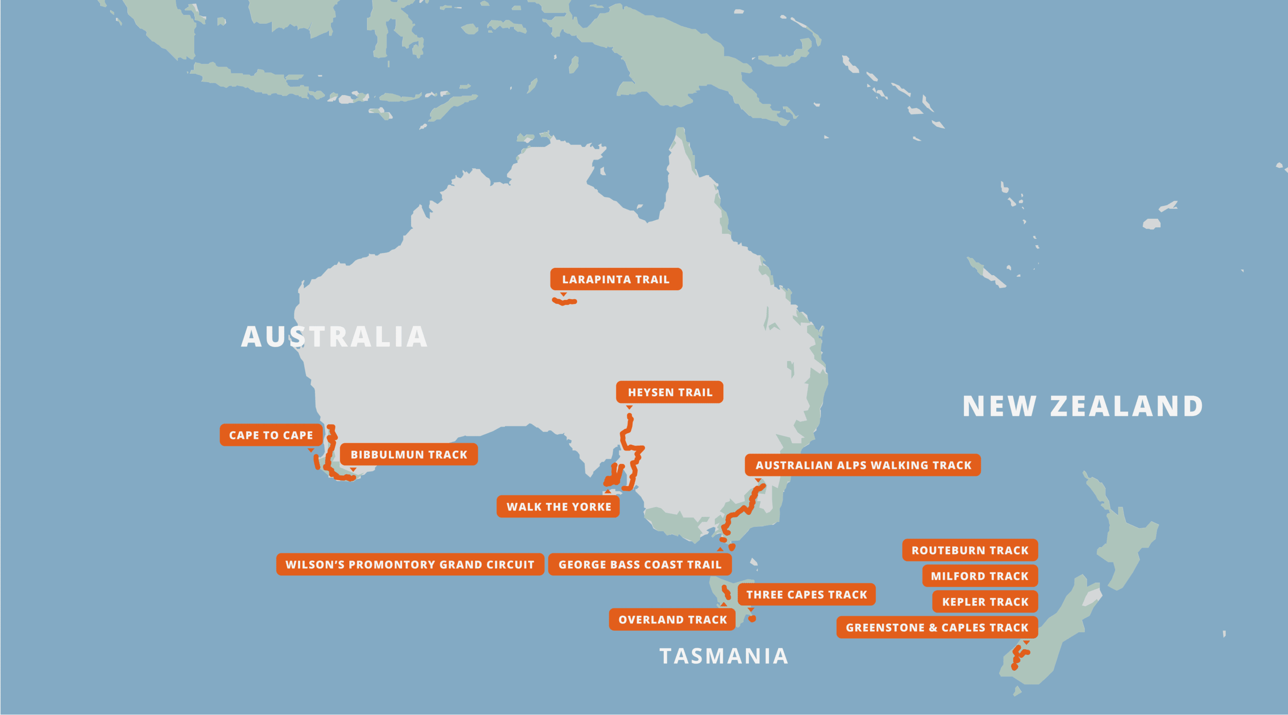 A map of all of the Australia and New Zealand Hiking Guides.
