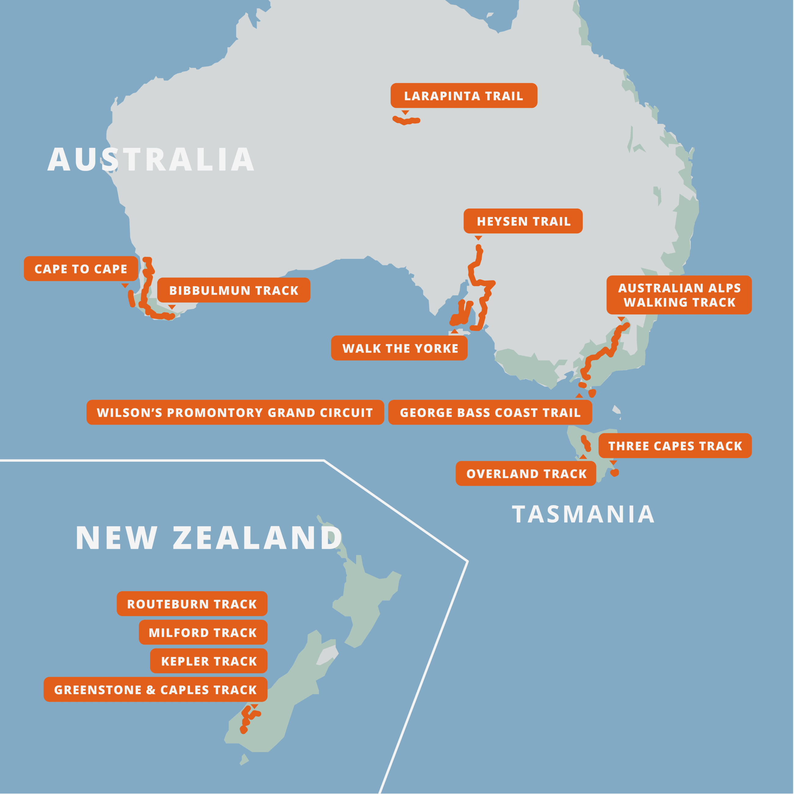A map of all of the Australia and New Zealand Hiking Guides.