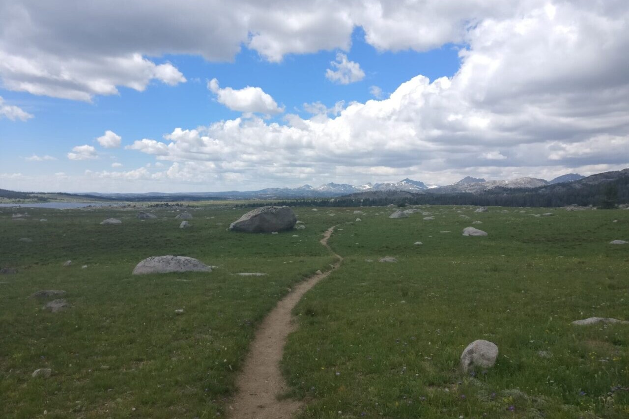 A trail meanders through a green meadow towards distant mountains.