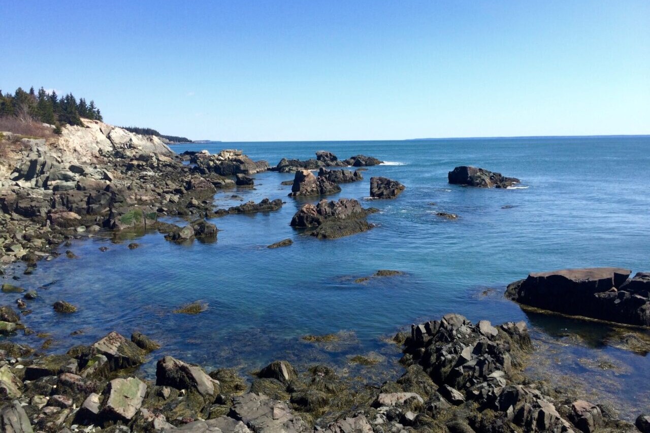 A rocky shoreline protrudes into blue ocean waters.