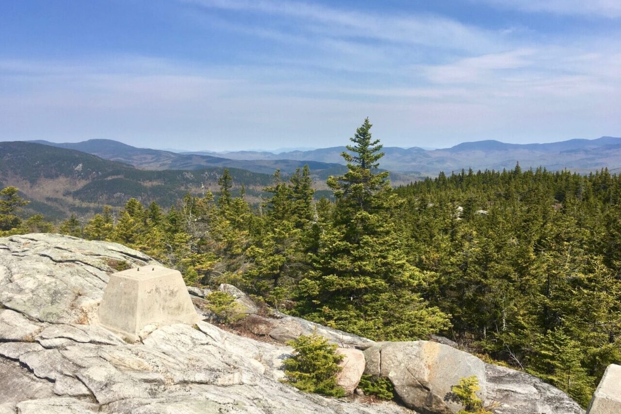 A rocky ridge overlooks a green forest and distant mountains.