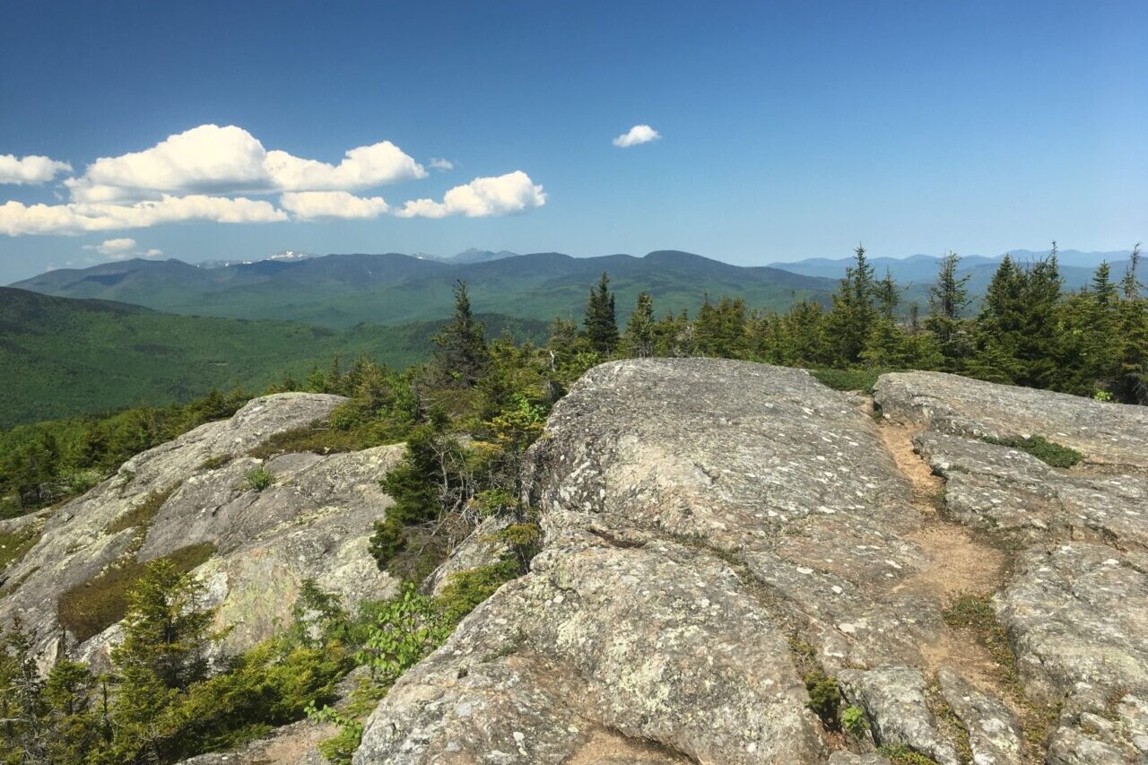A rocky ridge overlooks a green forest and distant mountains.