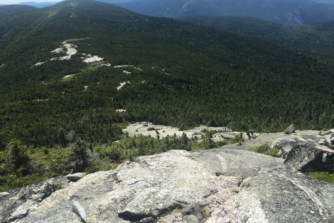 A rocky ridgeline leads down to a green forest.