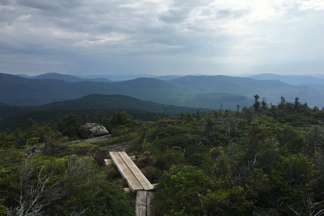 Small footbridges are along the top of a mountain among low green alpine trees; there are distant mountains in the background.