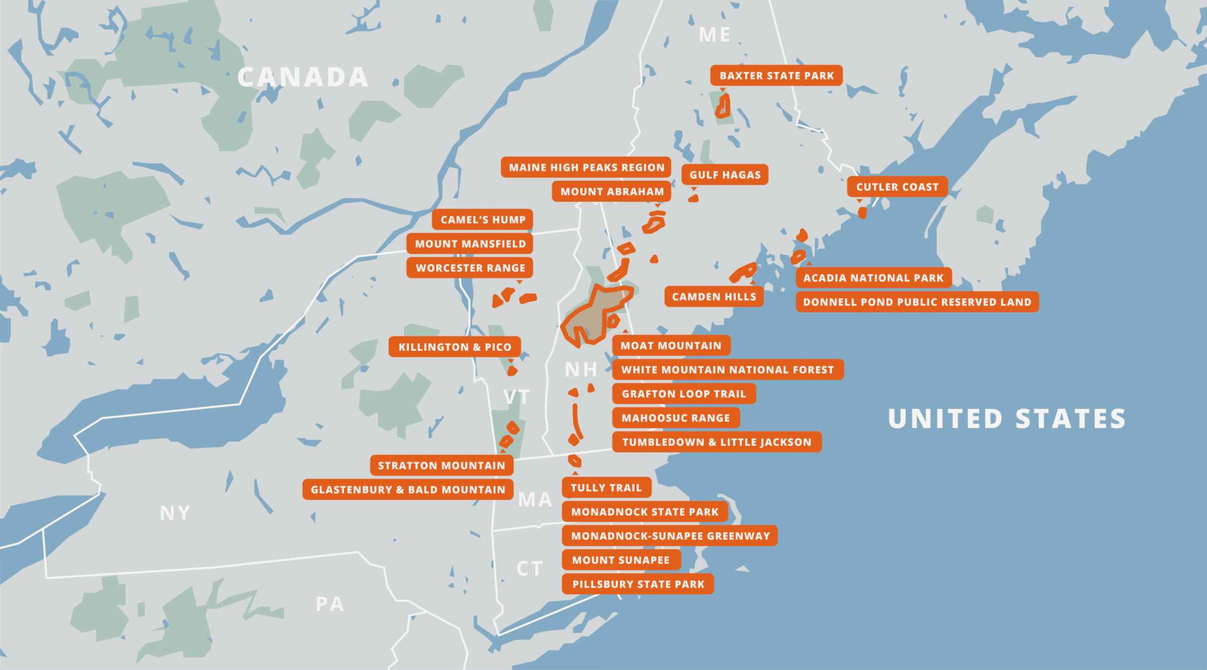 A map of all of the New England Hiking Guides.
