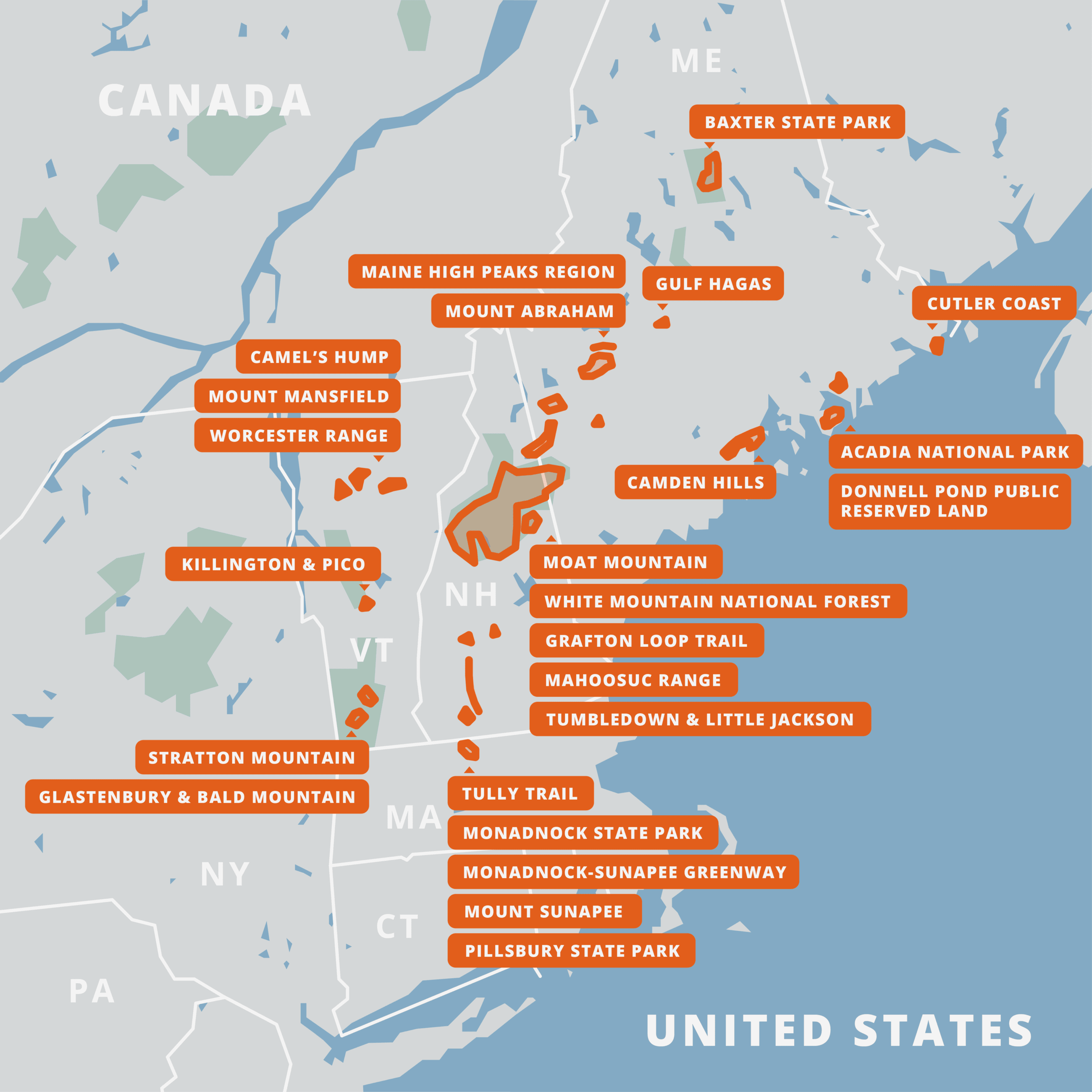 A map of all of the New England Hiking Guides.