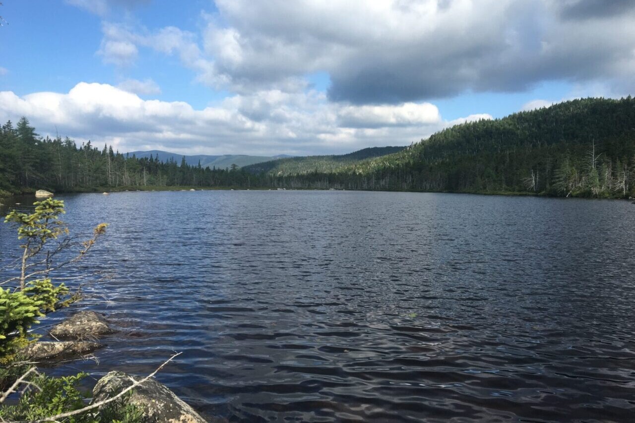 A vast blue lake has green mountains and forests along its shore.