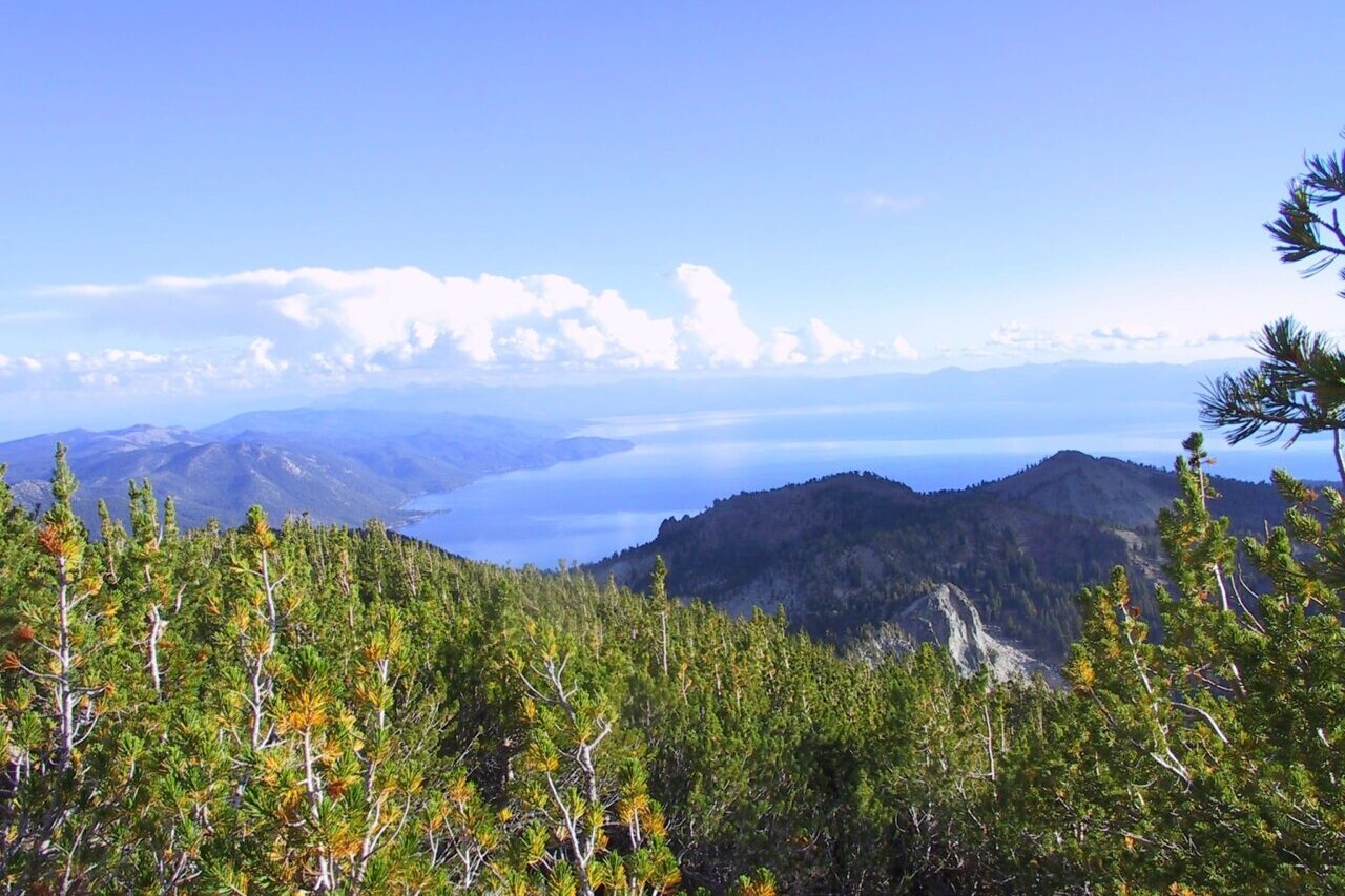 A view overlooks a blue lake and meadows.