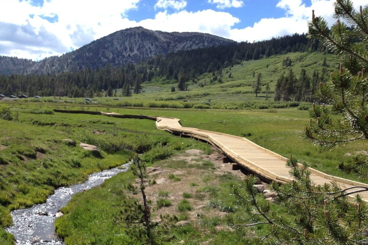 A stream and a boardwalk wind through a green meadow with mountains in the background.