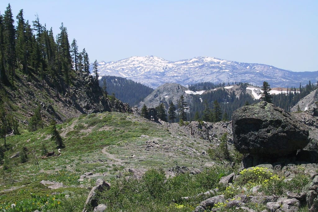 A view overlooks meadows and distant snowy mountains.