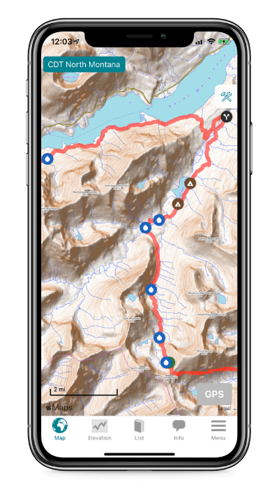 Screenshot of the Guthook Guides app showing a map with waypoints on the Contintental Divide Trail.