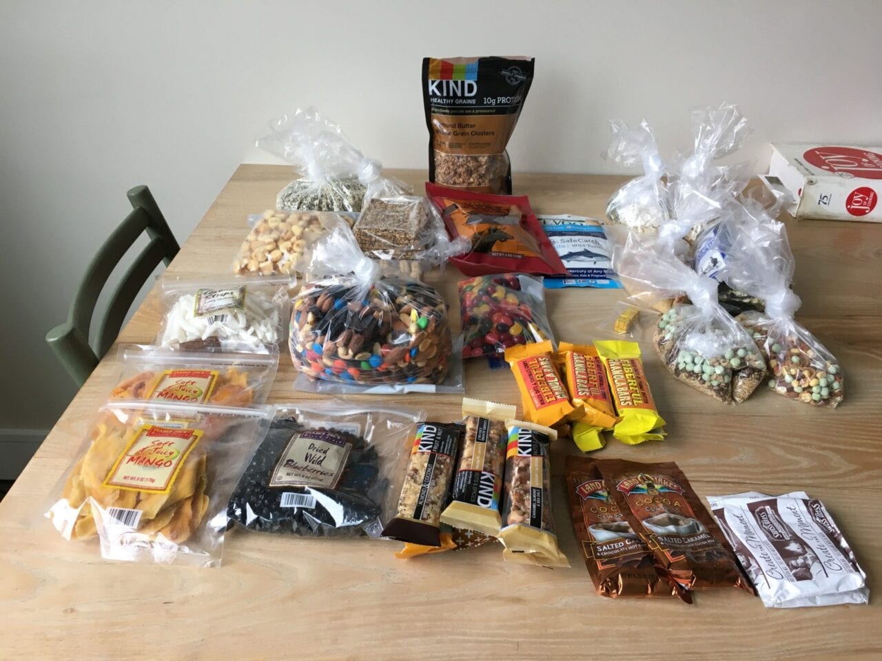 Food packed for hiking trip arranged on a table