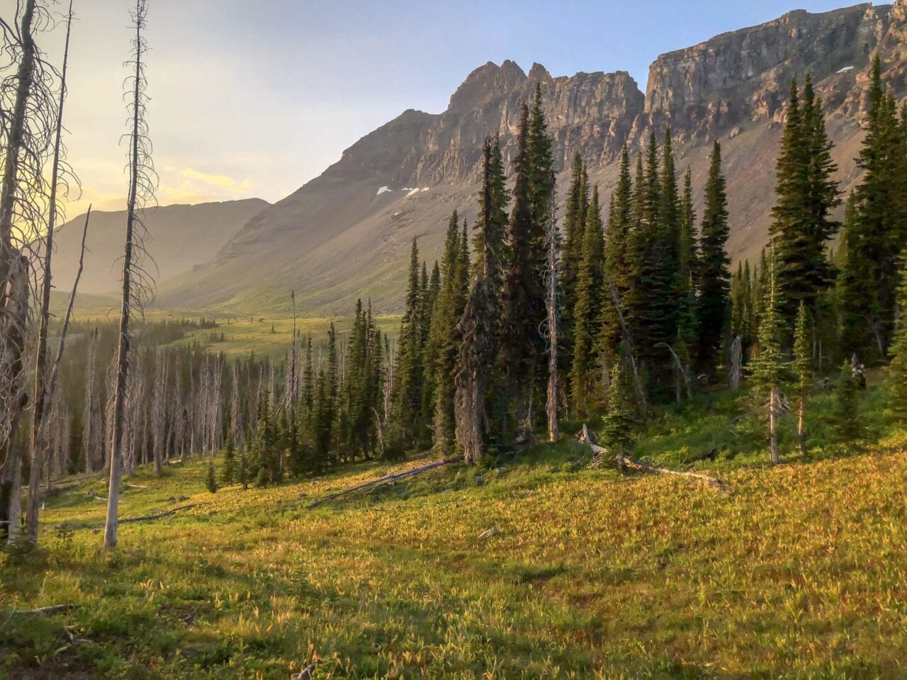 A beautiful sunrise with mountains and trees.