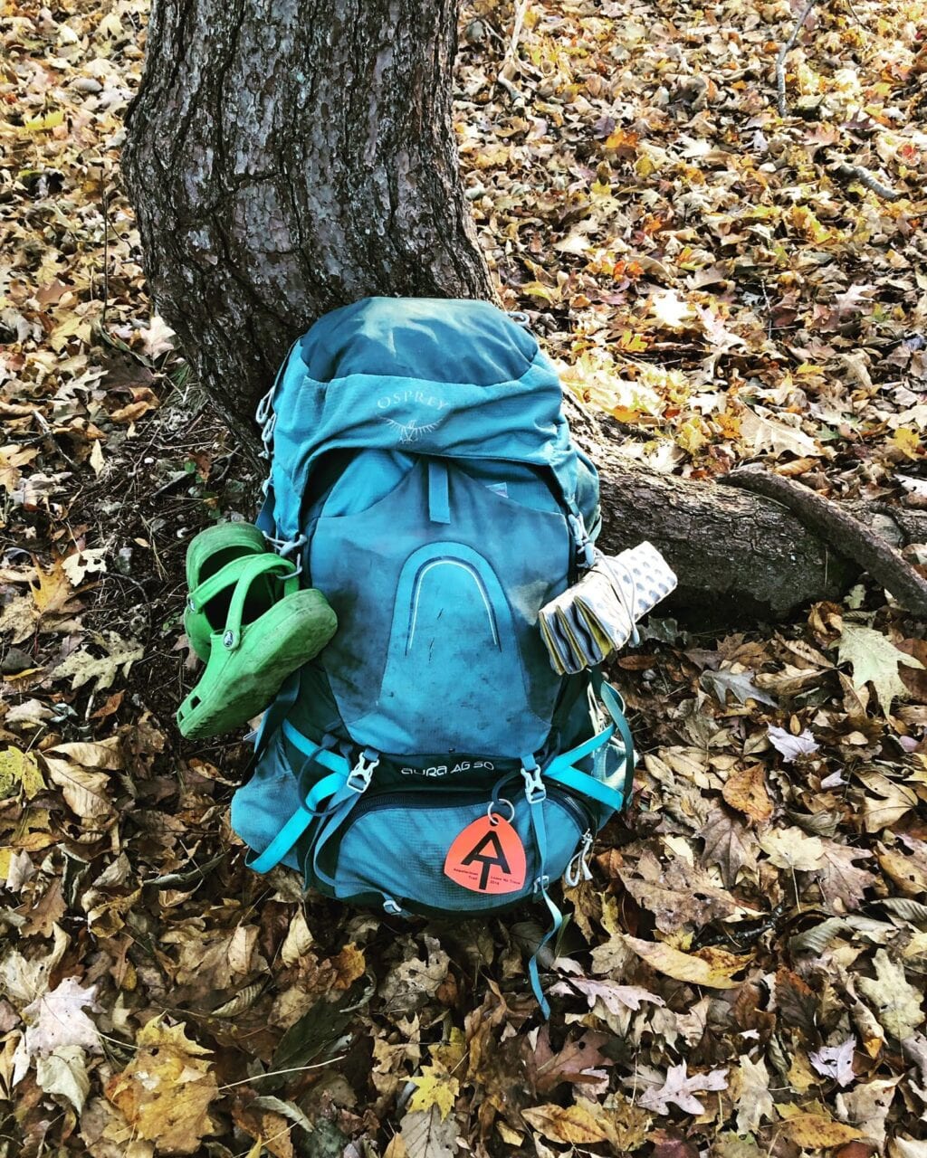 A thru-hiking backpack propped up against a tree.