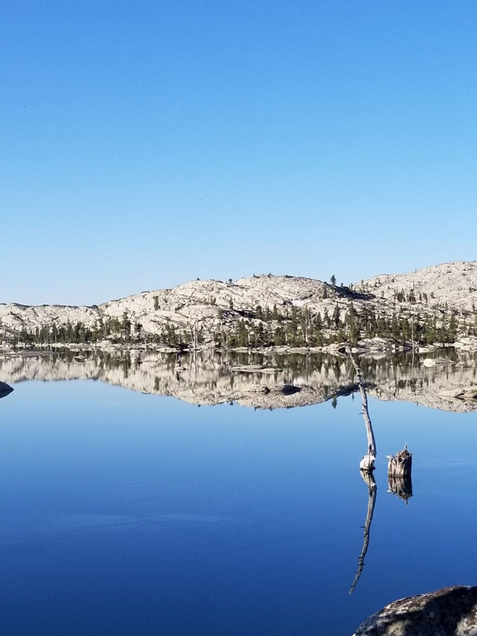 A reflection of a lake with a small mountain hill.
