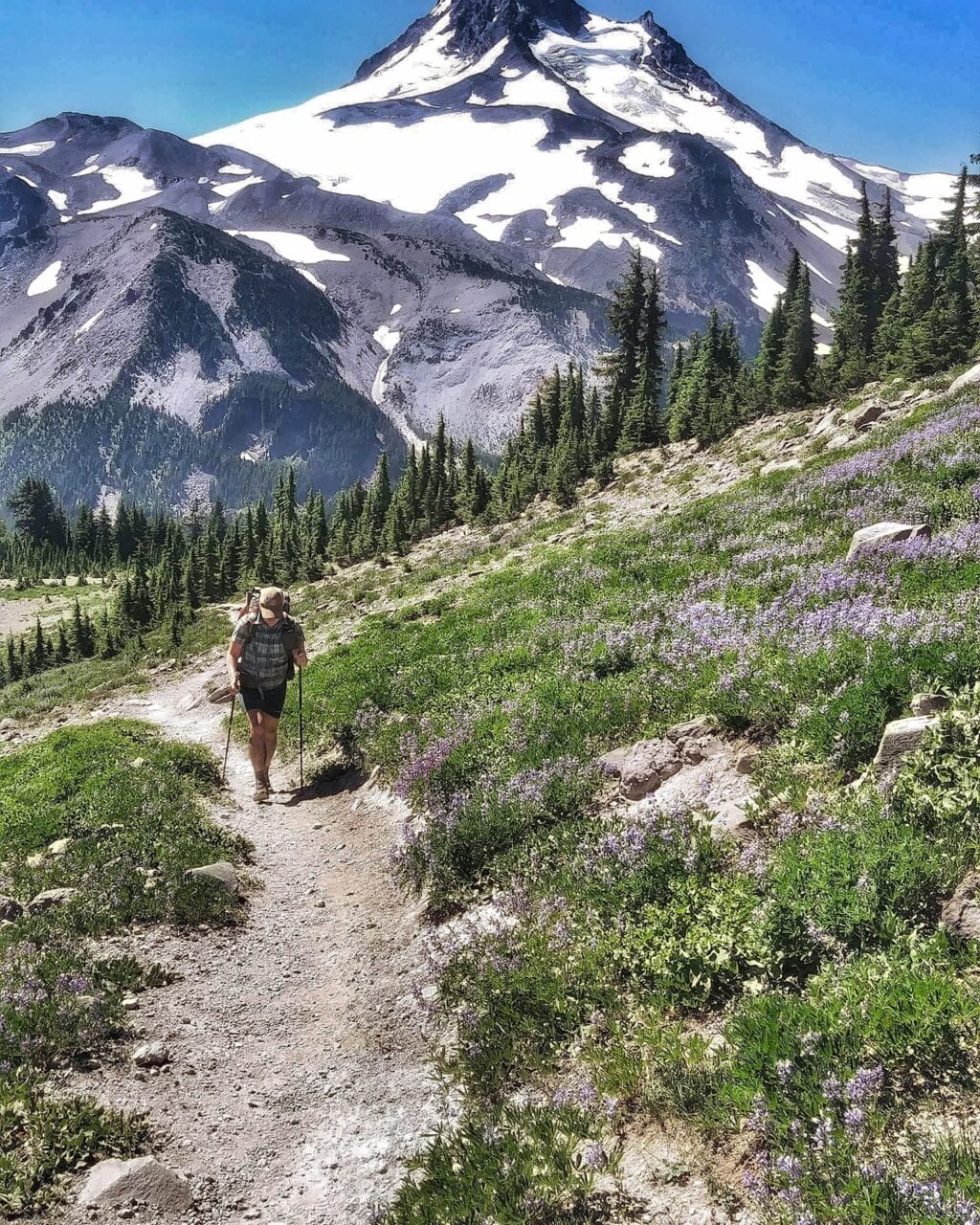 A woman hiking on a trail with snow covered mountains in the background.
