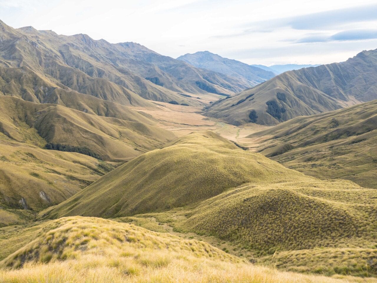 A landscape photo of lots of green hills and mountains.
