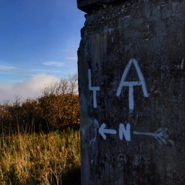 A trail marking on a rock with an arrow pointing to the left.