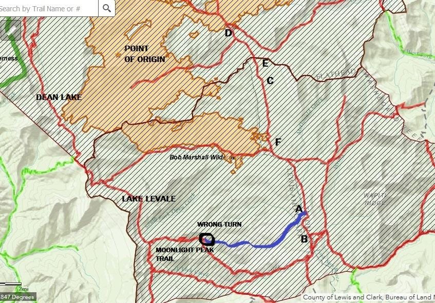 A map of a hike in the Bob Marshall Wilderness.