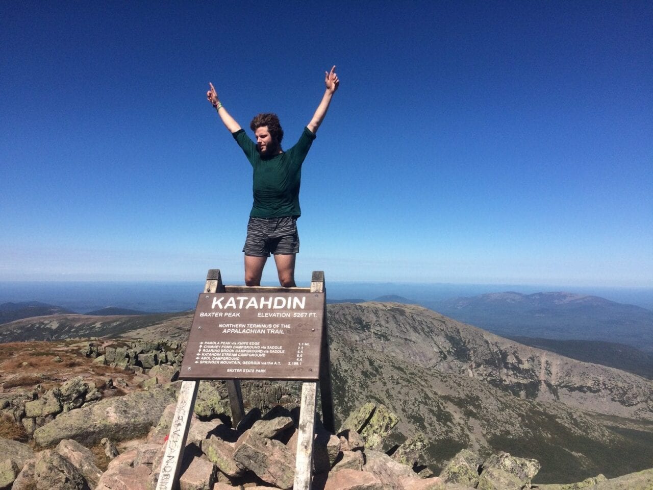 A man stands on the Mt Katahdin trail sign.