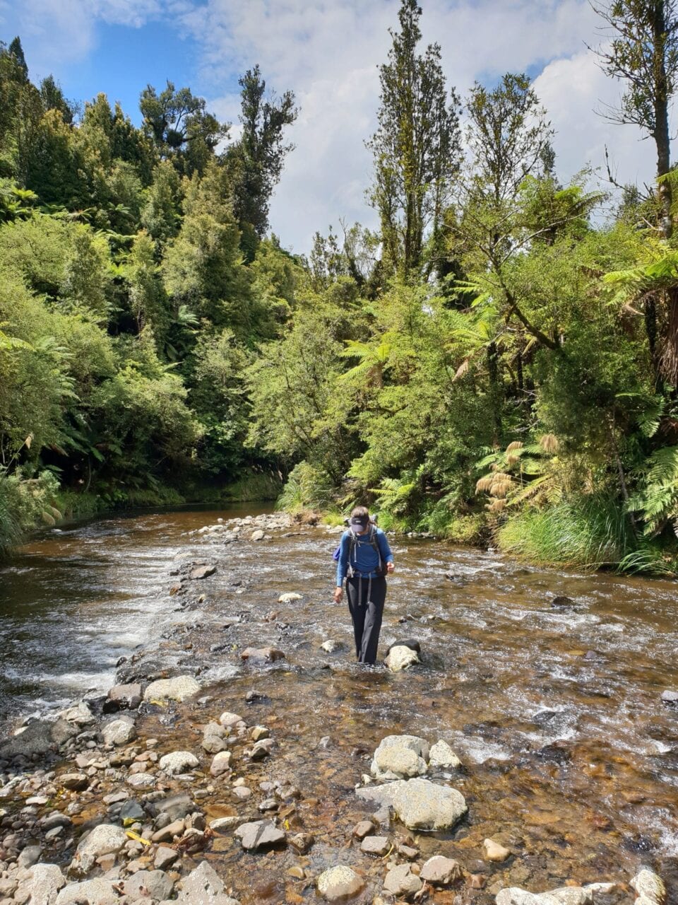 A man hiking in the water on the Te Araroa.