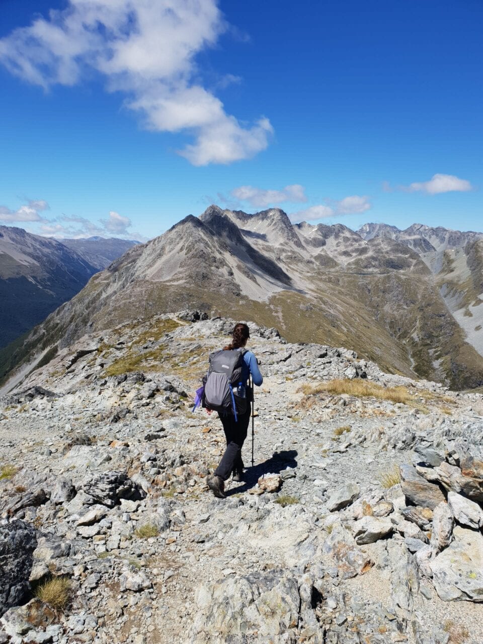 A hiker standing on the top of a mountain on the Te Araroa.