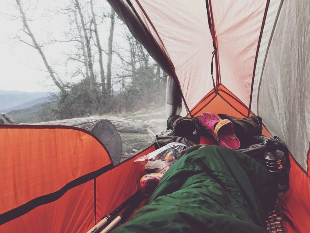 A view from someone laying inside a tent.