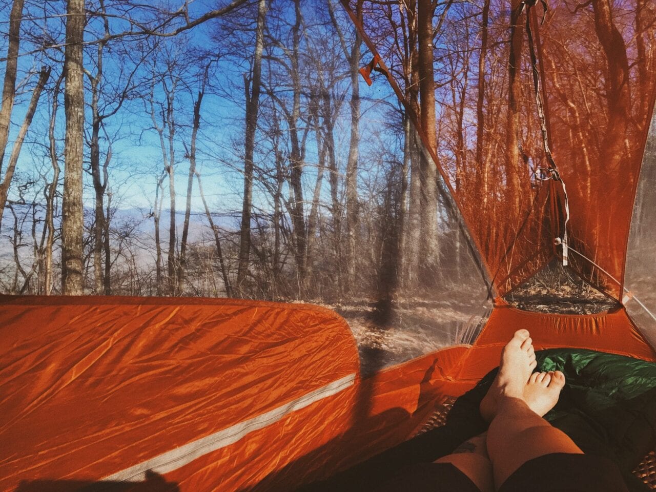 A view from a hiker laying inside a tent on the Appalachian Trail.