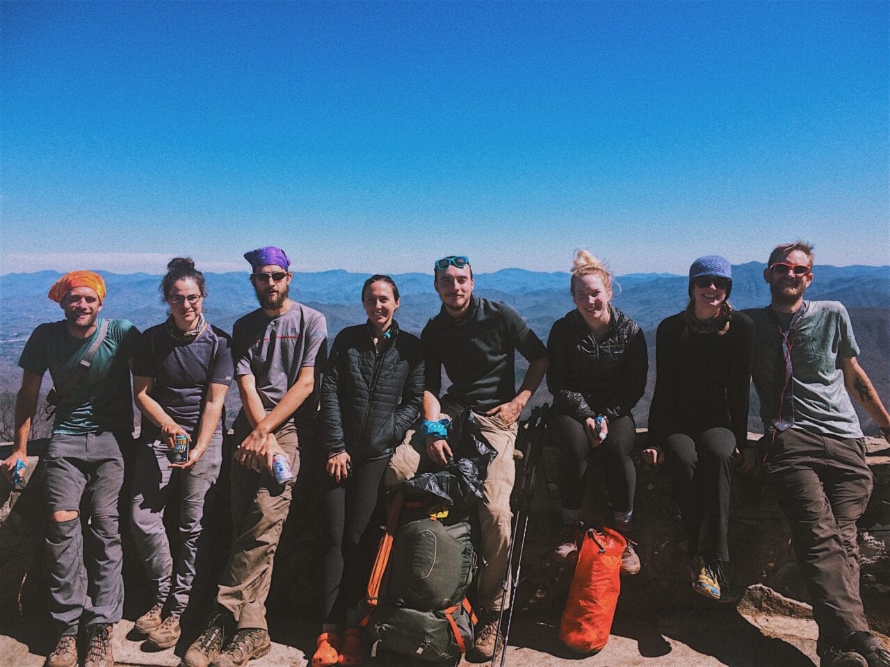 A group of hikers in a line.