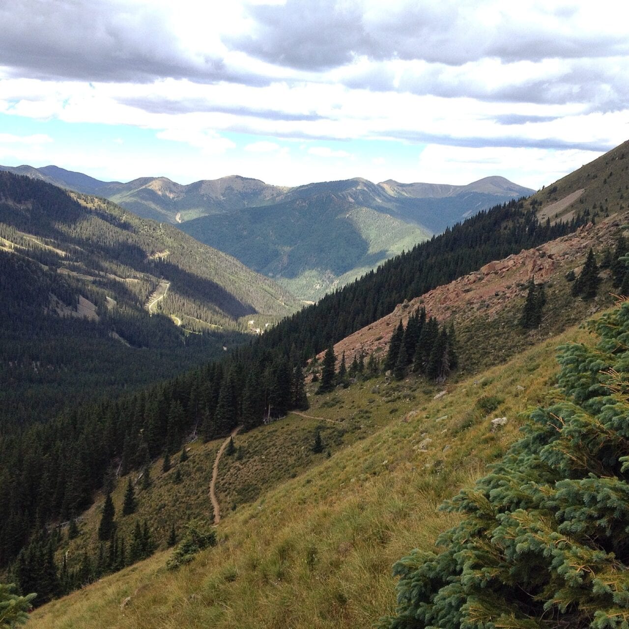 A view through tall mountains and green meadows with a forest of evergreen trees.