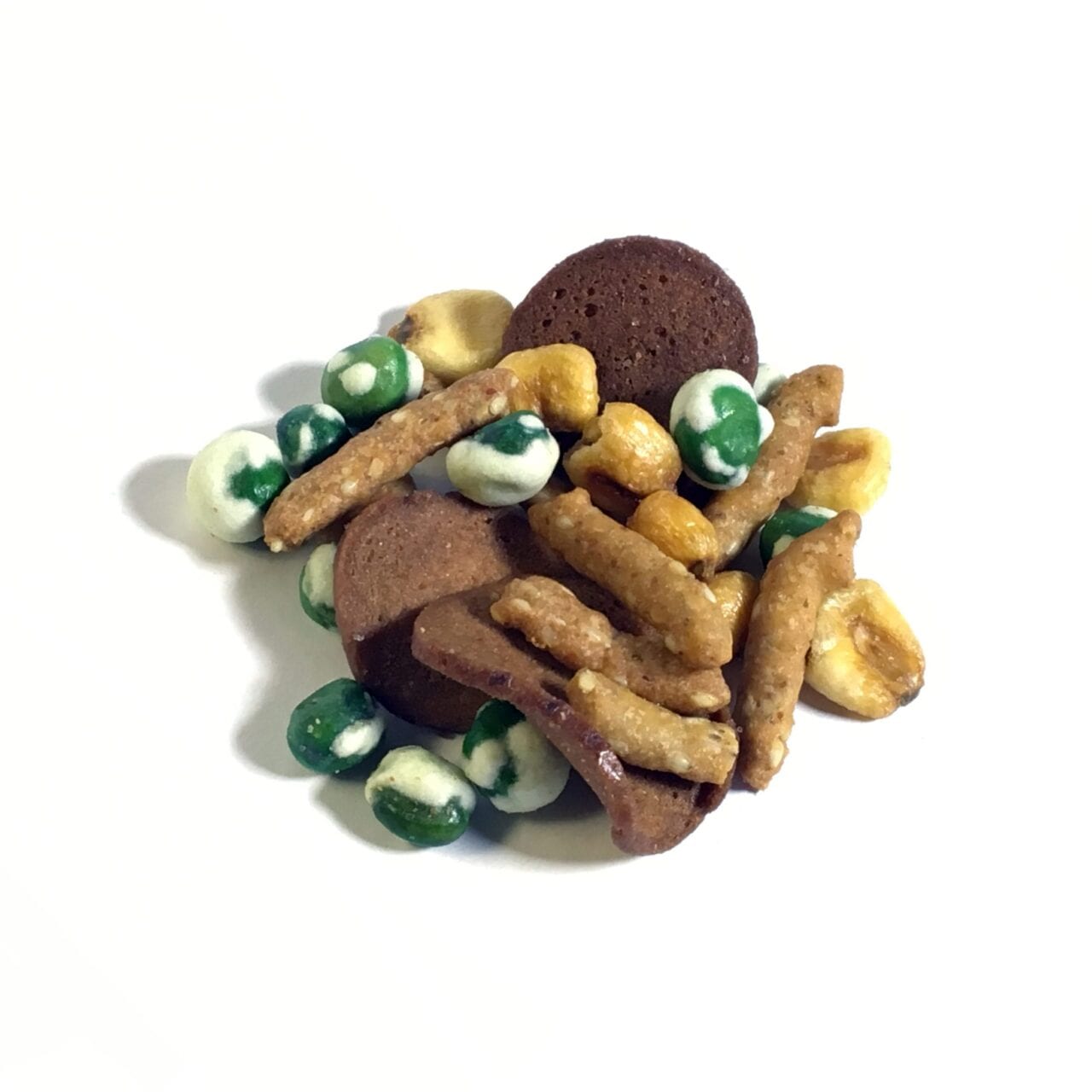 A pile of GORP trail mix including peas and chips.