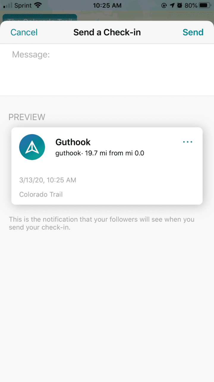 Send a check-in in the Guthook Guides app.