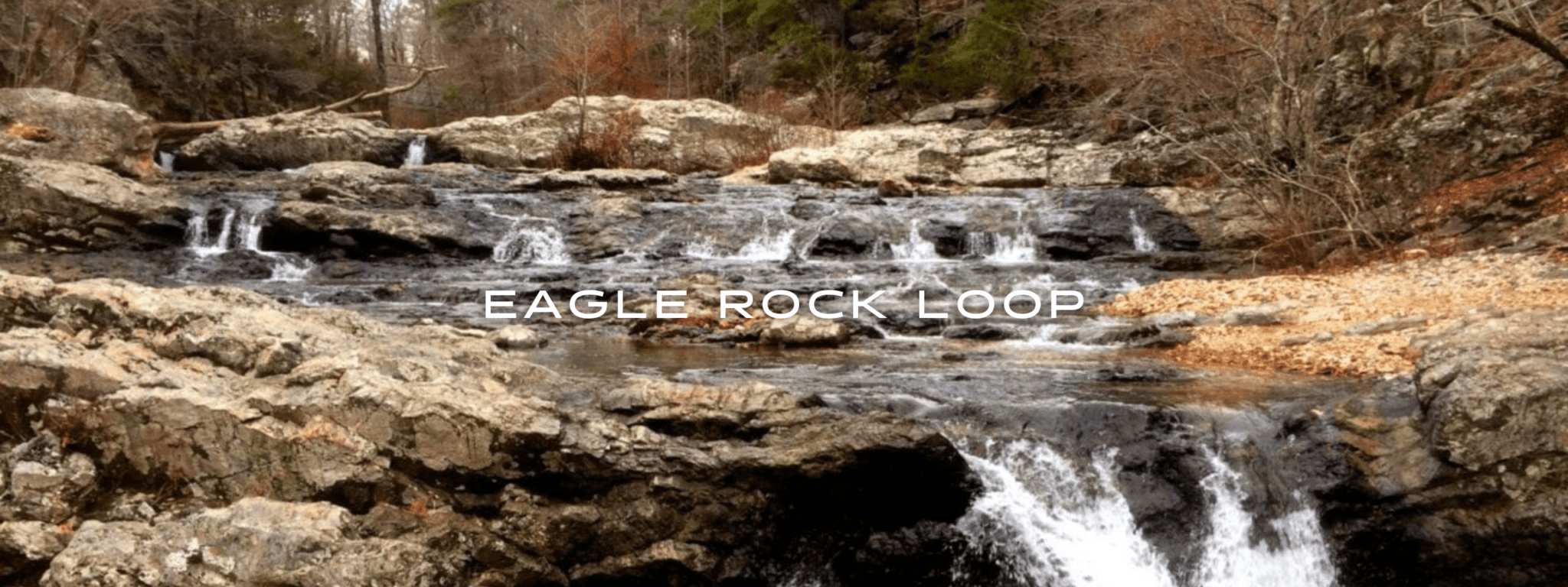 A waterfall cascades over rocks in a stream in a deciduous forest.