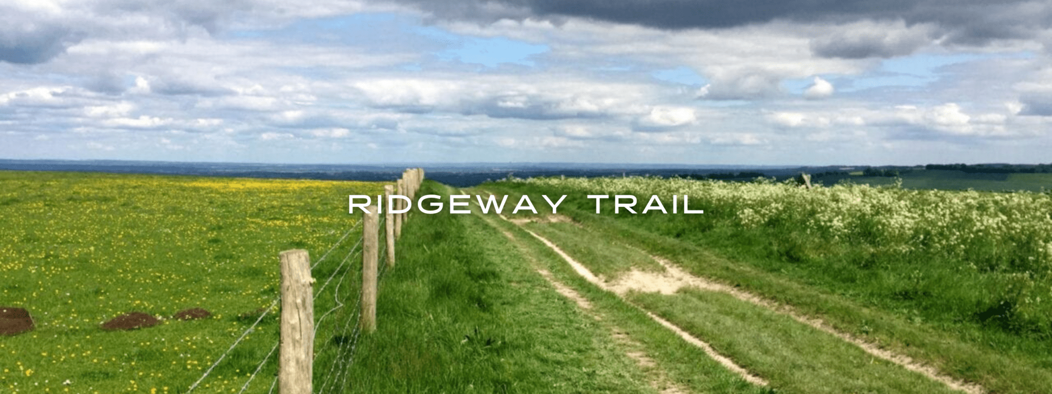 A trail and fence lead through a green field towards a distant horizon.