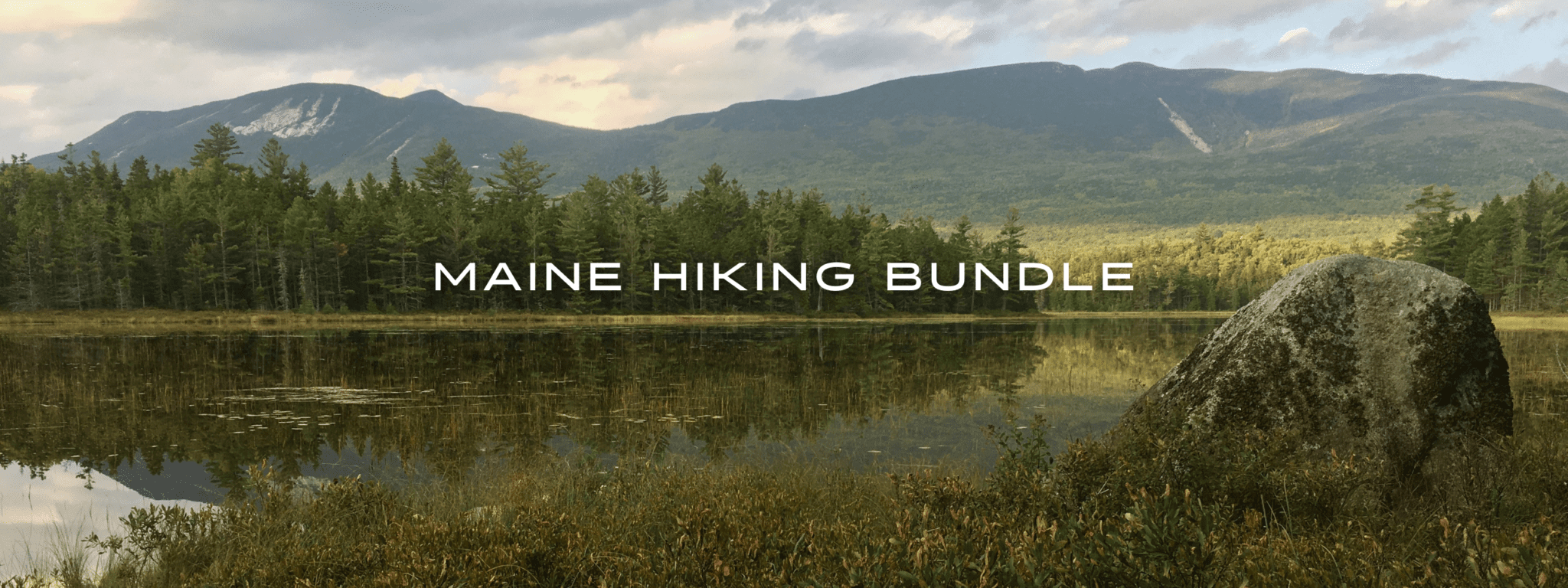 A pond with forest filled mountains in the background of a cloudy and blue sky.