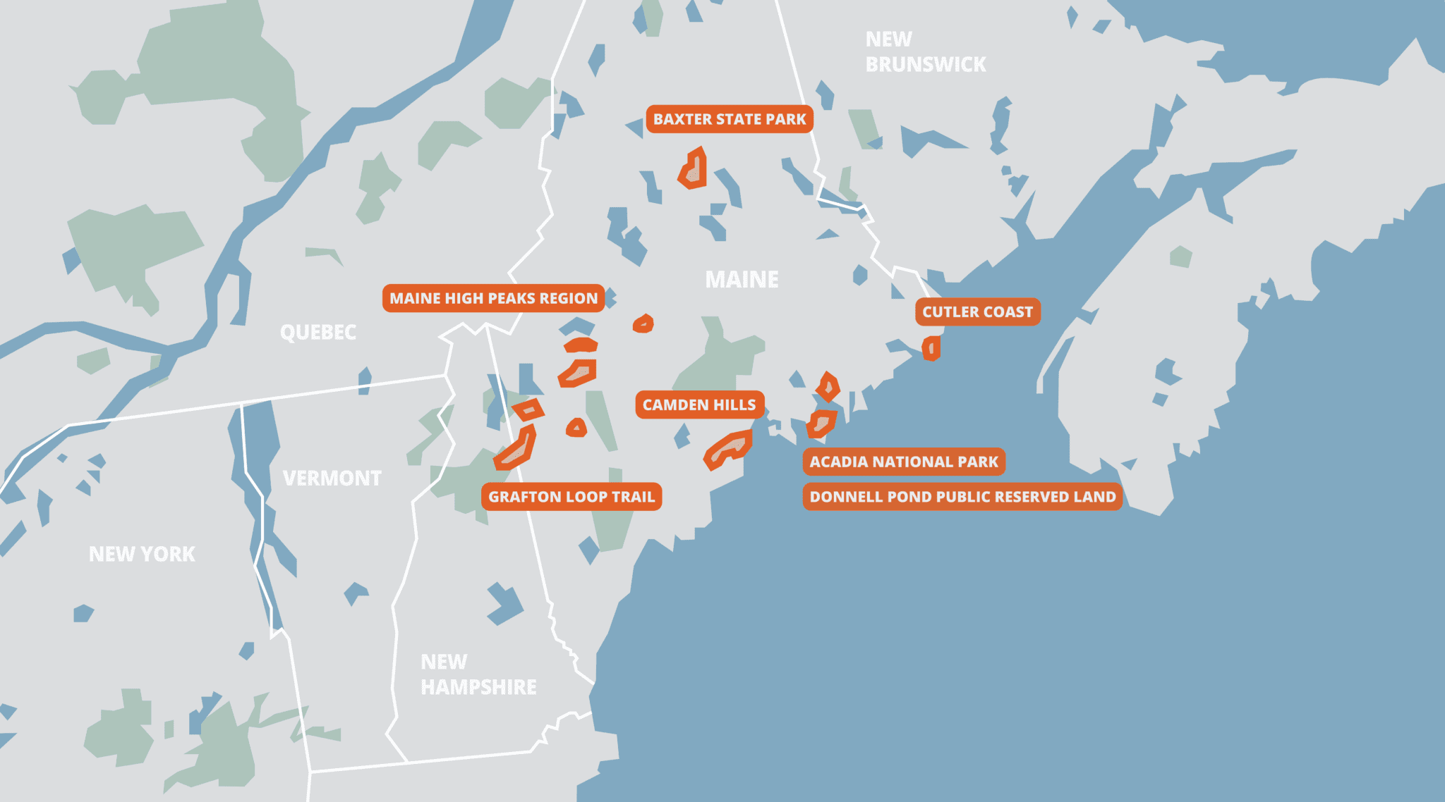 A map of the New England Area of the United States, showing the Maine Hiking Bundle and the trail sections that are included in it.