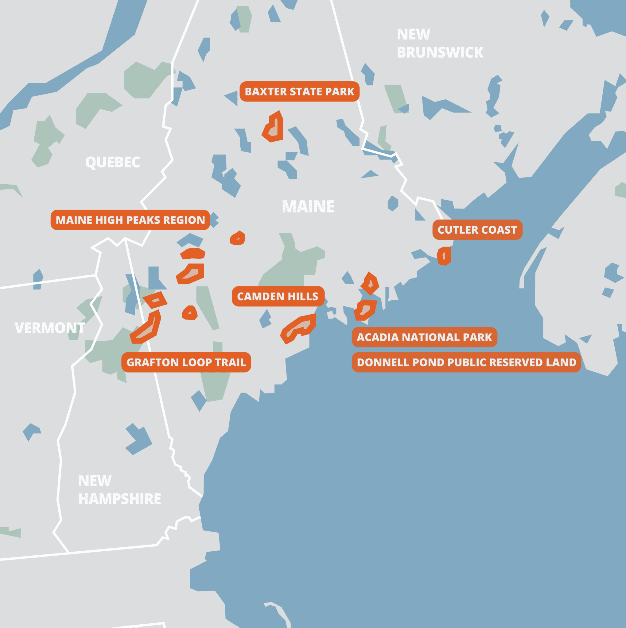 A map of the New England Area of the United States, showing the Maine Hiking Bundle and the trail sections that are included in it.