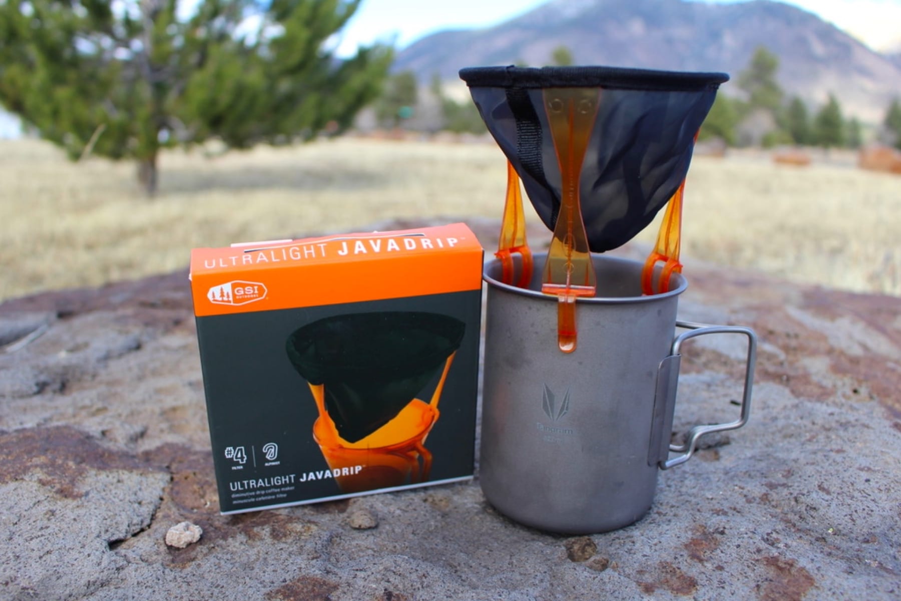 A GSI Outdoors Ultralight Java Drip coffee maker.