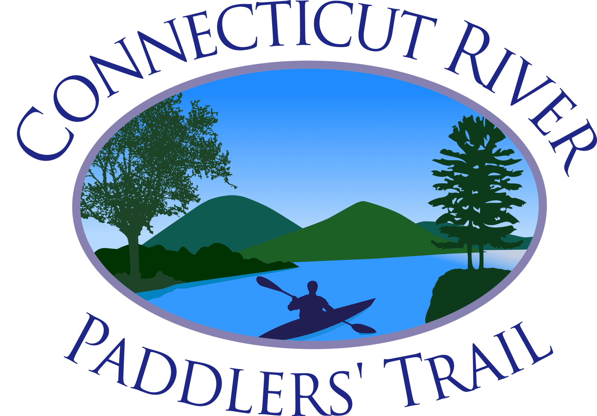 Logo of a drawn picture of a paddler on the water with green trees and mountains in the background