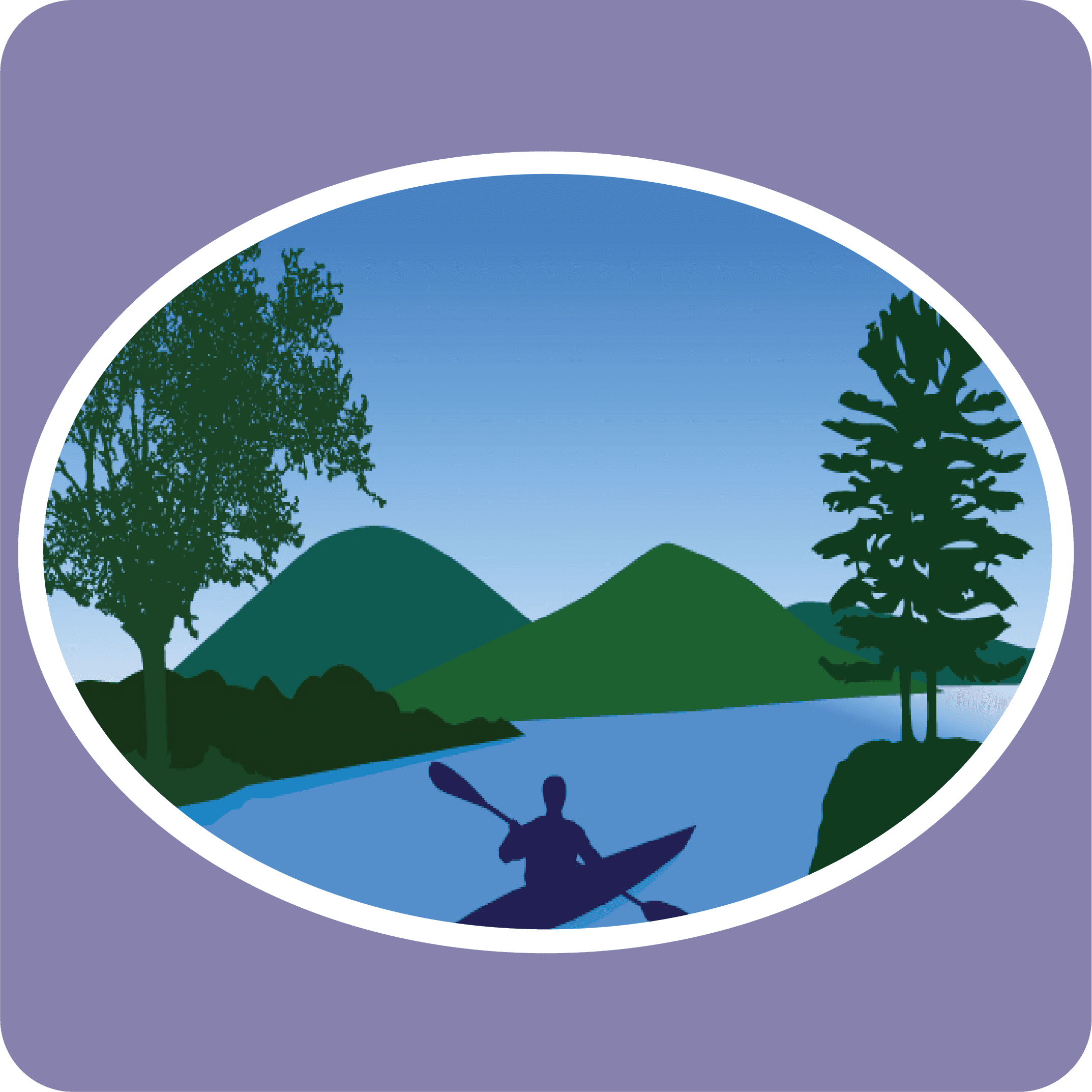 Logo of a drawn picture of a paddler on the water with green trees and mountains in the background