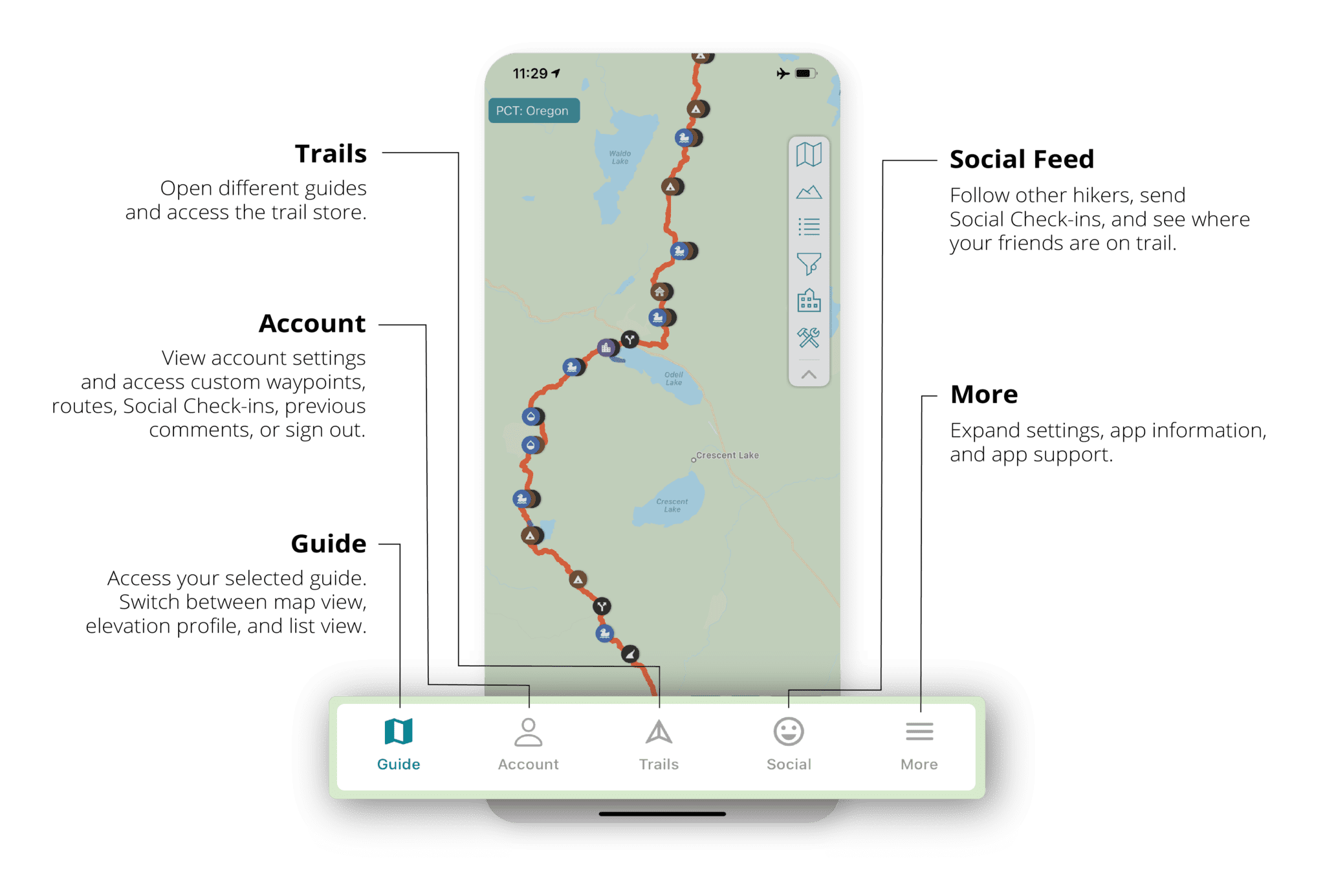 A educational graphic explaining the new iOS user interface update in the Guthook Guides app.