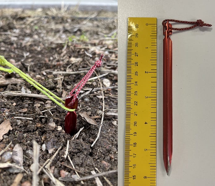 tent stake In the ground and the same tent stake being measured next to a ruler