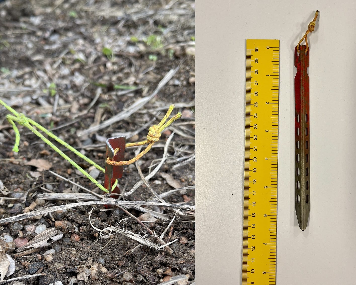 tent stake In the ground and the same tent stake being measured next to a ruler