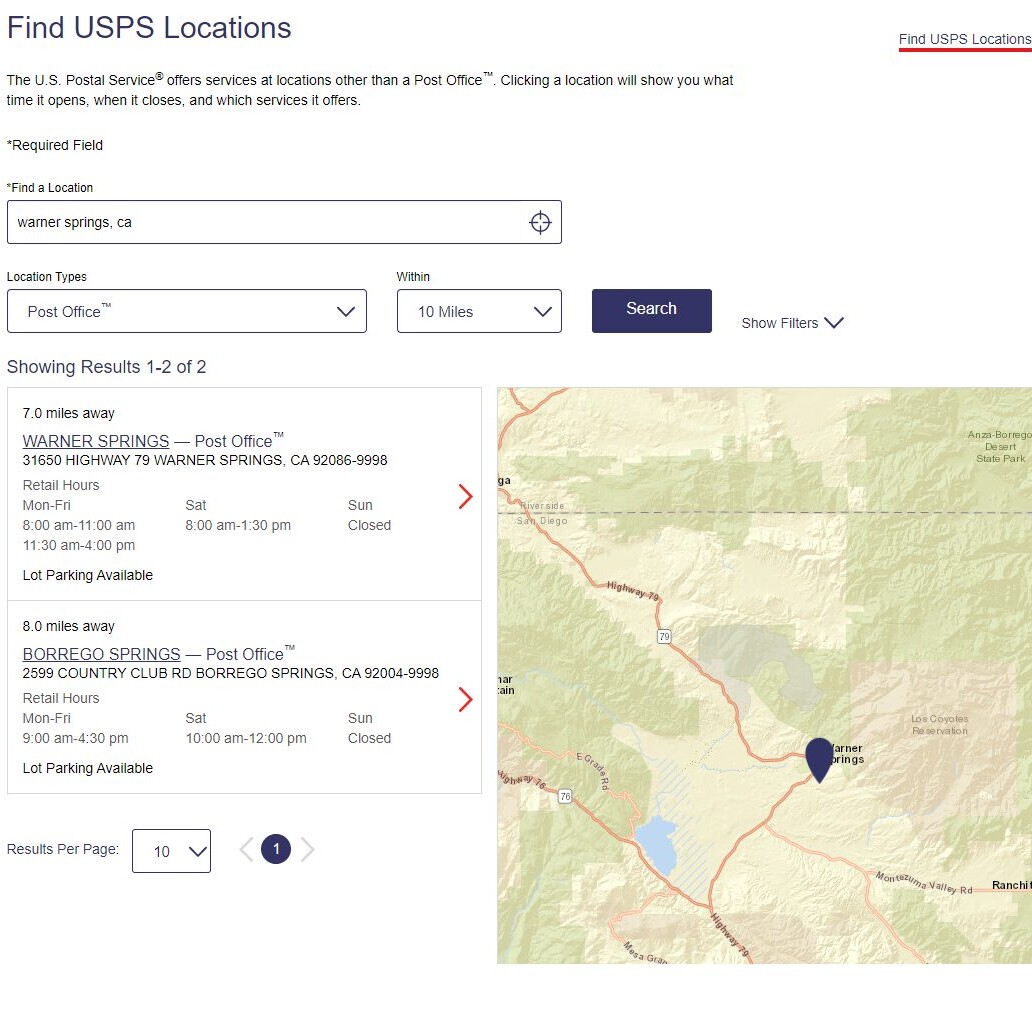 a screen shot of how to find USPS Locations