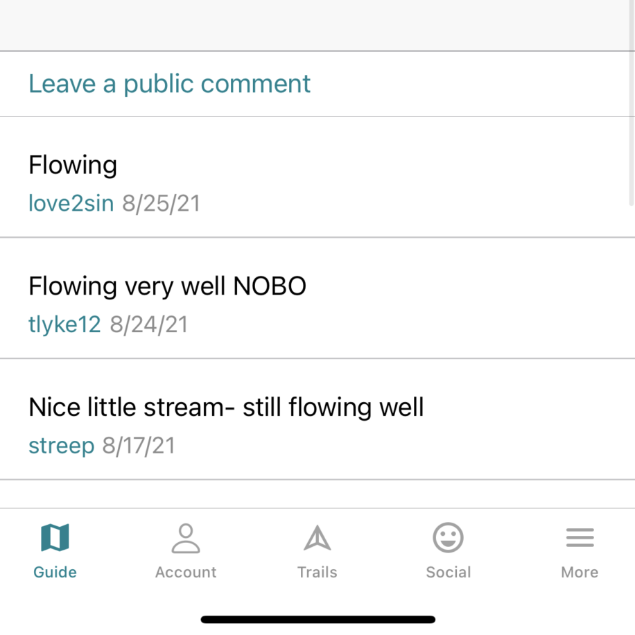 A screenshot of a water waypoint in the Guthook Guides app